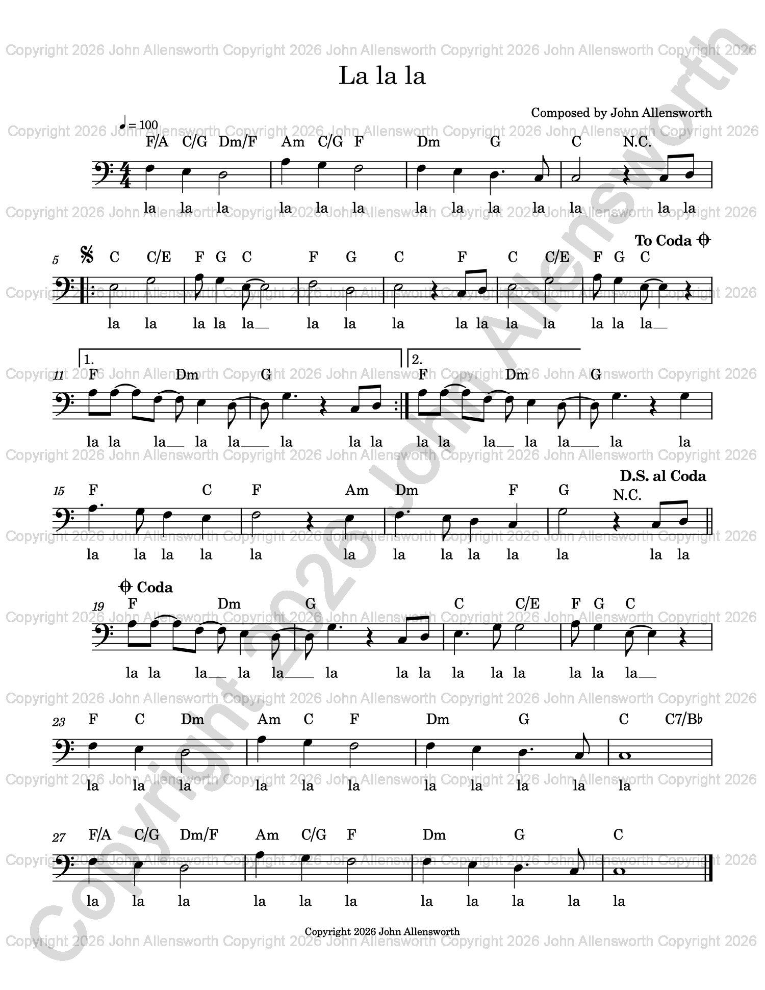 La la la, composed by John Allensworth, copyright 2026